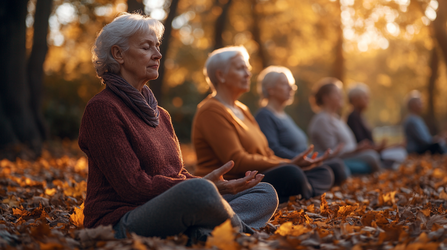 Група людей зрілого віку займається йогою в парку