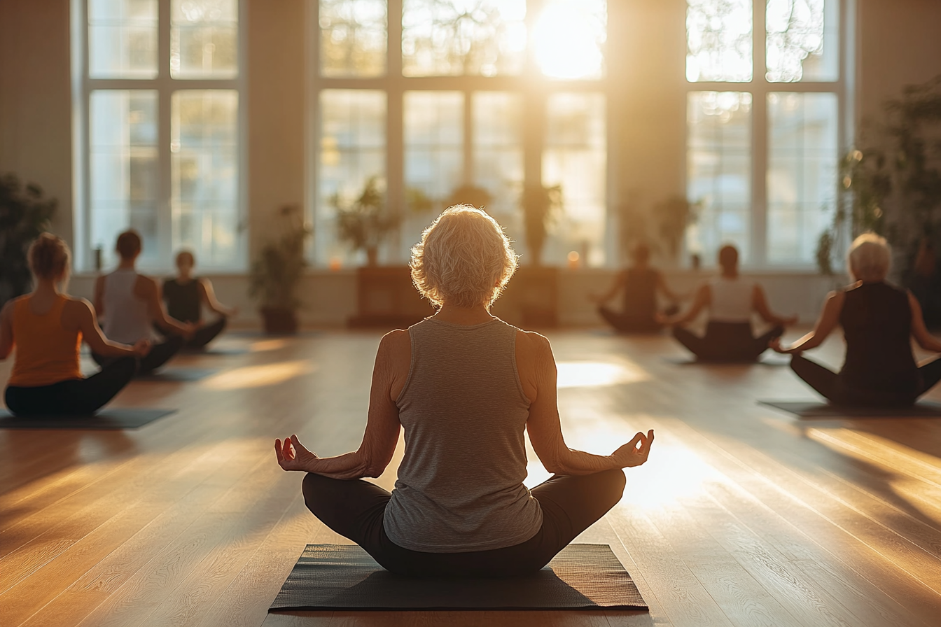 Досвідчений інструктор йоги працює з групою учнів зрілого віку